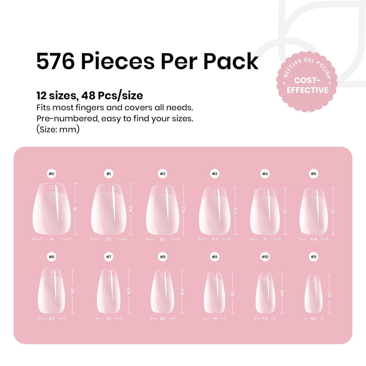 Beetles Gel Nail Tips Extra Short Coffin 576Pcs 12 Sizes - Pre-Etched Shaped Half Matte Soft Nail