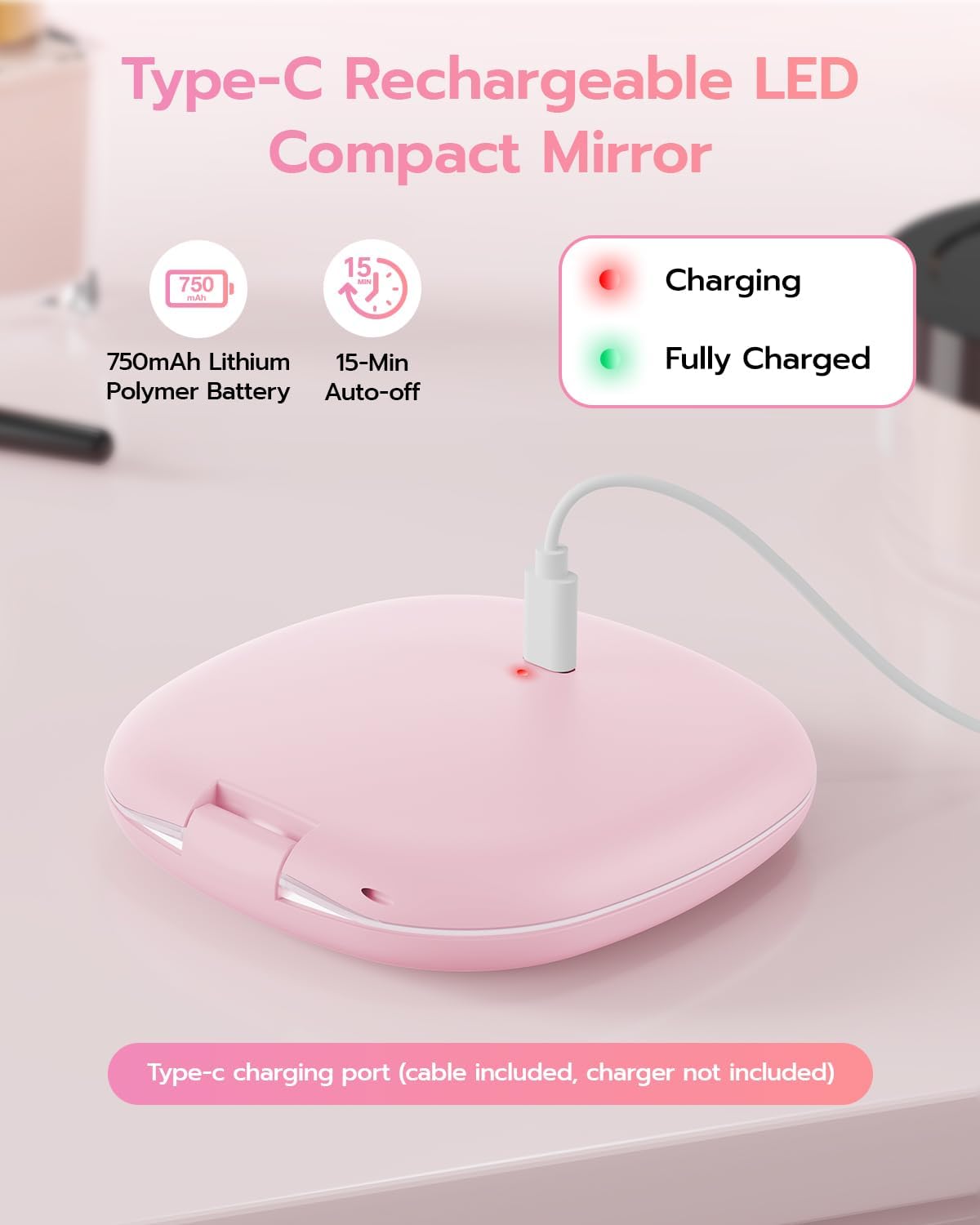 Benbilry 3.9" Rechargeable Compact Makeup Mirror with 3 Light Colors and Magnification 1X / 10X
