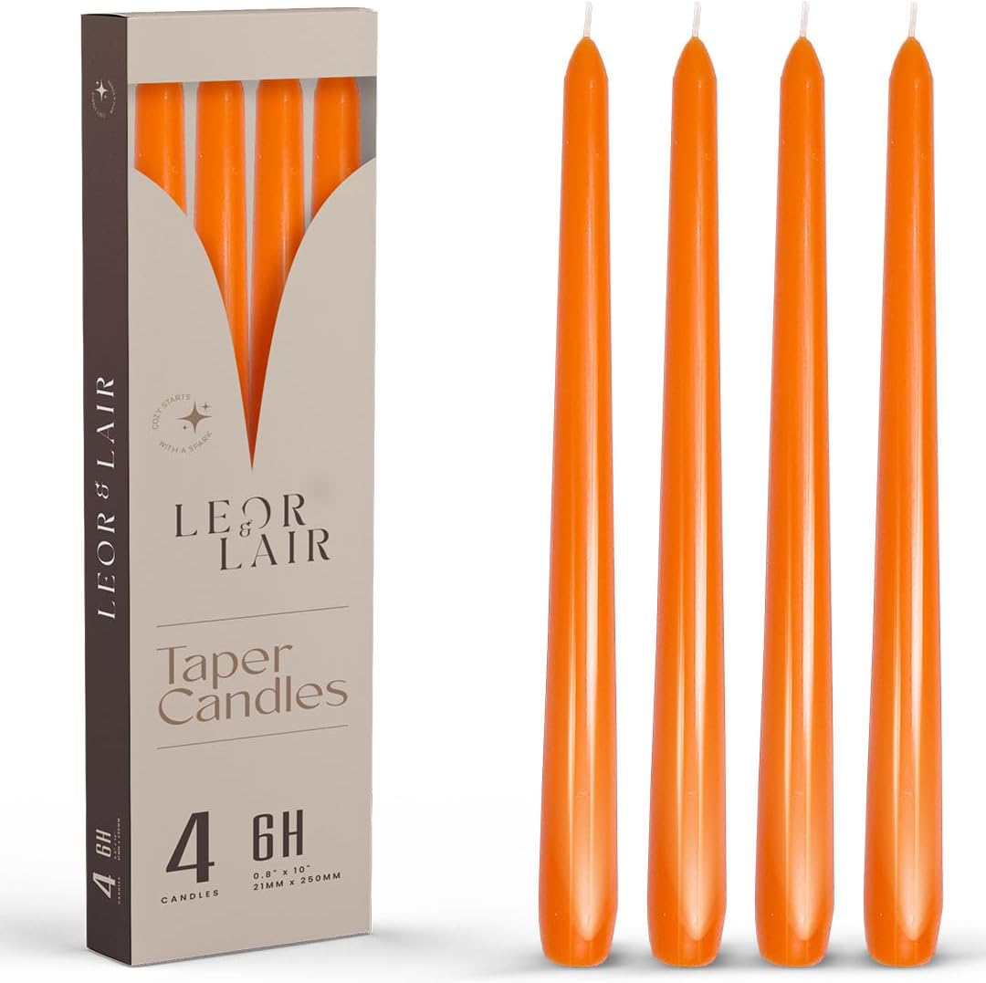 Leor & Lair Orange Taper Candles - 4 Pack 10" Orange Candlesticks - Unscented Long Burning