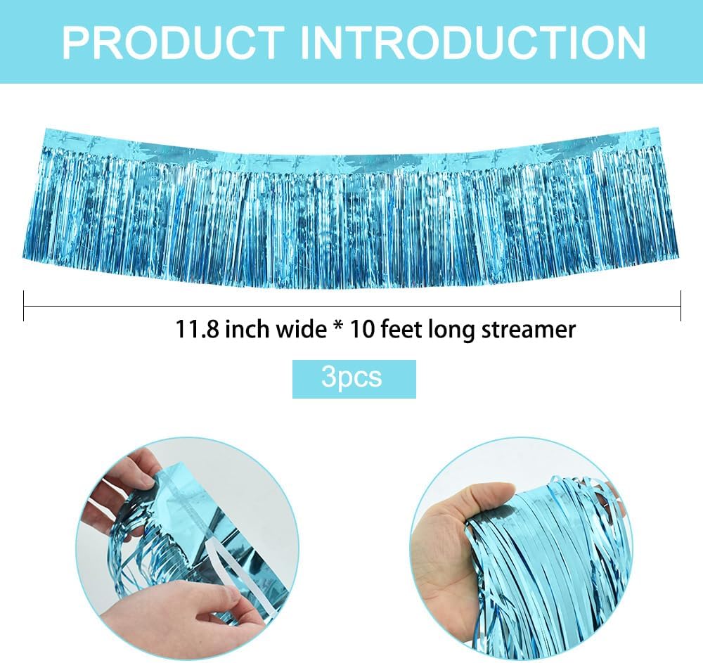 BEISHIDA 3 Packs Metallic Foil Fringe Garland Baby Blue Wall Hanging Tinsel Fringe Banners for Car