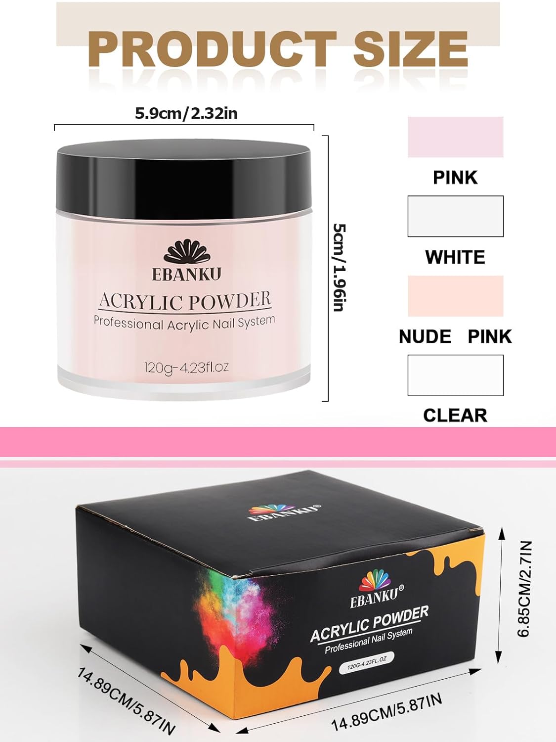 EBANKU Acrylic Powder Set 4 Colors Acrylic Nail Powder Nude Pink White Clear Acrylic Powder for