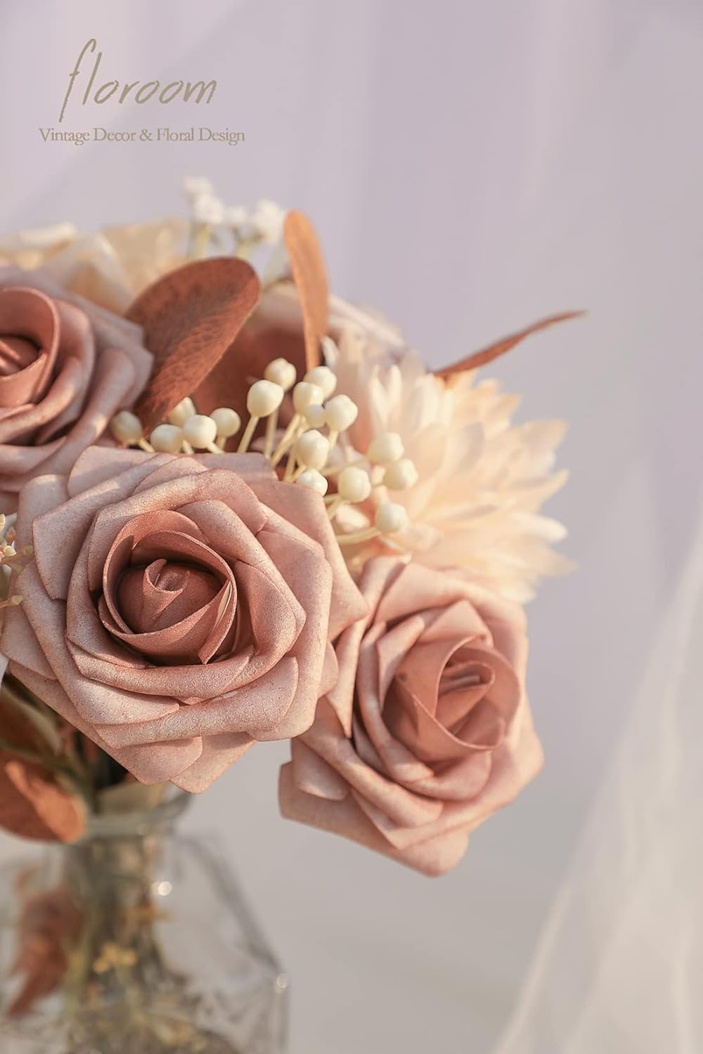 Floroom Artificial Flowers 25pcs Real Looking Warm Taupe & Nude Foam Fake Roses with Stems for DIY