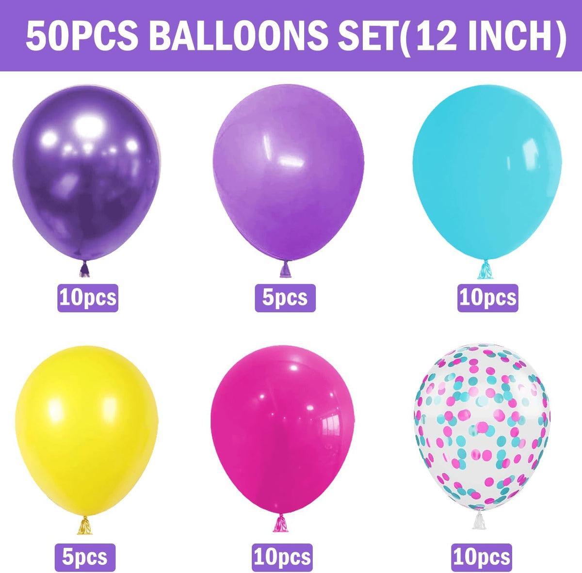 Pink Blue Purple Balloons, 50 Pcs 12 Inches Hot Pink Metallic Purple Teal Yellow Balloons Confetti