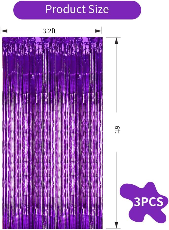 TONIFUL 3Pcs Purple Door Streamers,Purple Photo Booth Backdrop,Metallic Streamers Foil Fringe