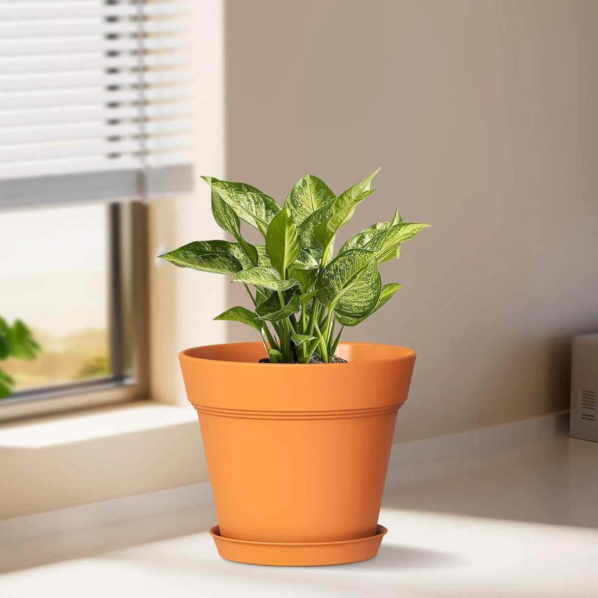 7 Inch Thick Plastic Plant Pots with Drainage Holes and Trays – 6 Pack Nursery Pots for Indoor &
