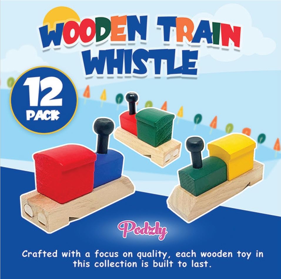 Podzly 12 Pack of Wooden Train Whistles - Fun Noise Maker Wood Toys for Kids, Montessori Toy and