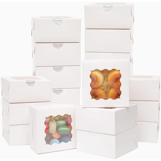 Bakepacker 60pcs White Bakery Boxes with Window 6x6x3 inches Thick & Sturdy Macaroon Pastry &