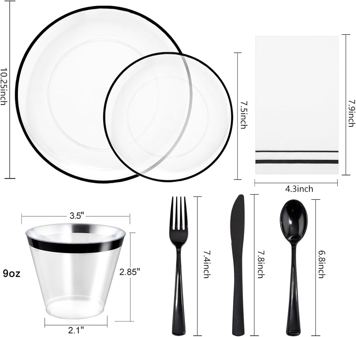 NOCCUR 350PCS Clear and Black Plastic Plates - Disposable Dinnerware Set for 50 Guests Include 100