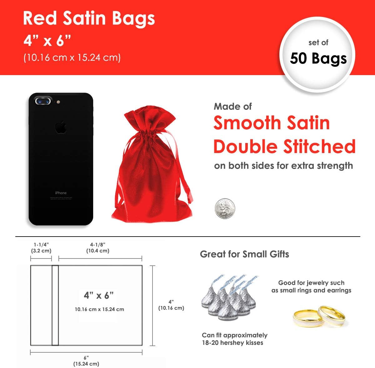 4" x 6" Red Satin Gift Bags - Jewelry, Wedding Favor Drawstring Pouches for Baby Shower, Christmas