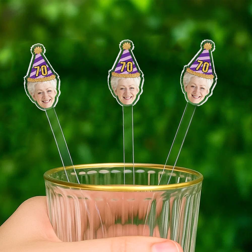 Custom 50 Pcs 50th To 90th Birthday Face Photo Drink Stirrers, Personalized Face Cutout Stir