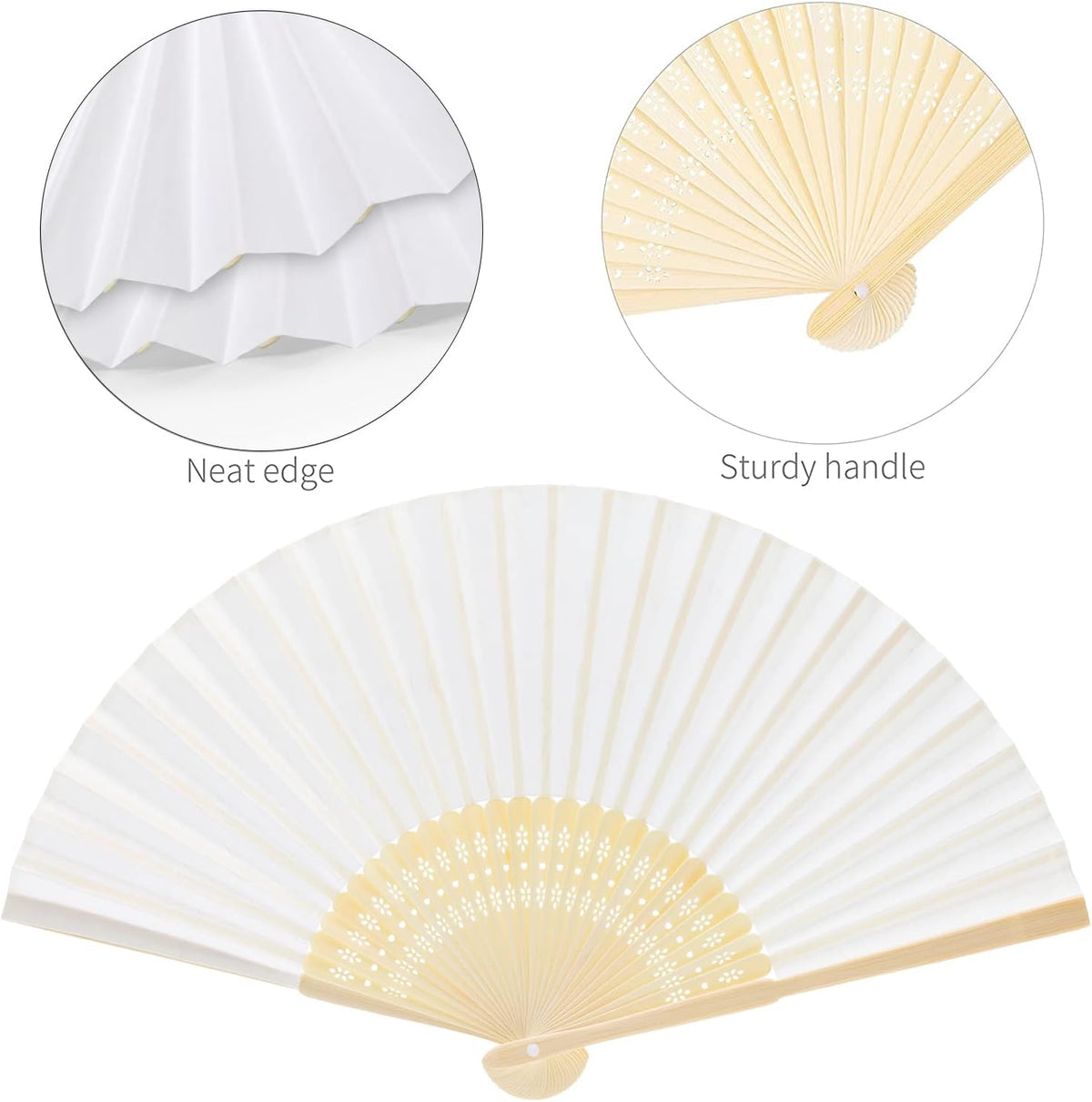 FEPITO 55 Pieces White Handheld Paper Fan Paper Folding Fans with Bamboos for Wedding Gift, Party