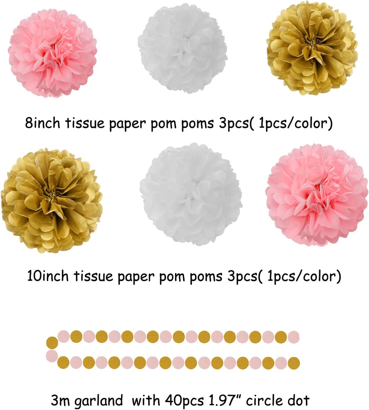 Pink-White Gold Girl Birthday Party-Decorations - 23pcs Kits Tissue Paper Pom Poms