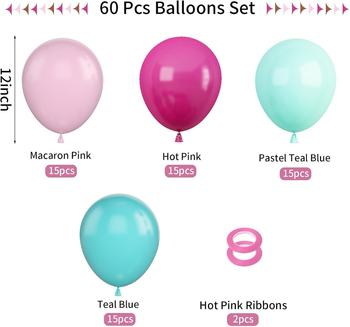 Pink Blue Balloons, 60Pcs Hot Pink Teal Blue Balloons, 12 Inch Hot Pink Confetti Helium Balloon
