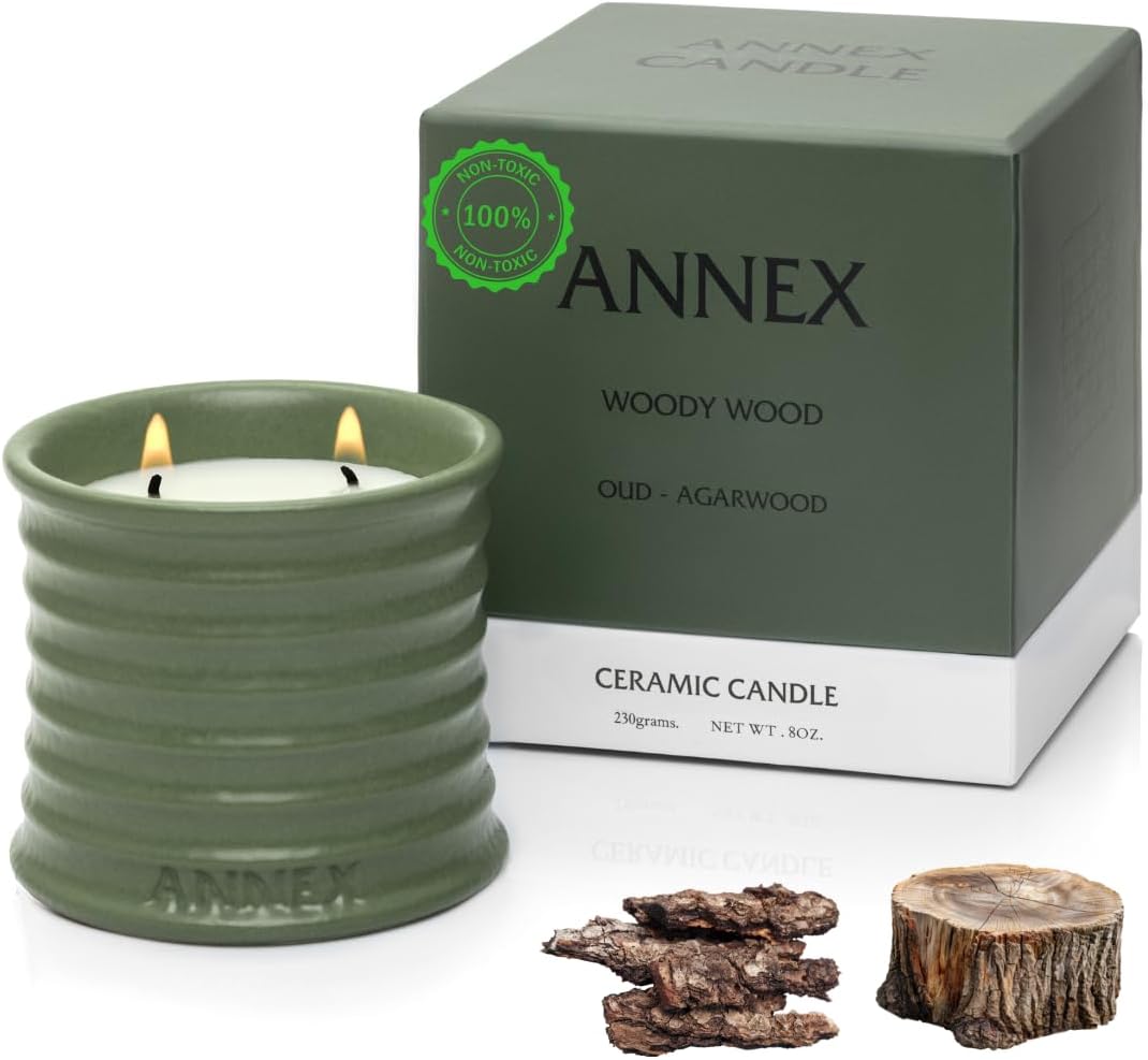 Scented Luxury Candles in Handmade Ceramic Jars, Soy Wax | Woody Wood – Oud & Agarwood, Large