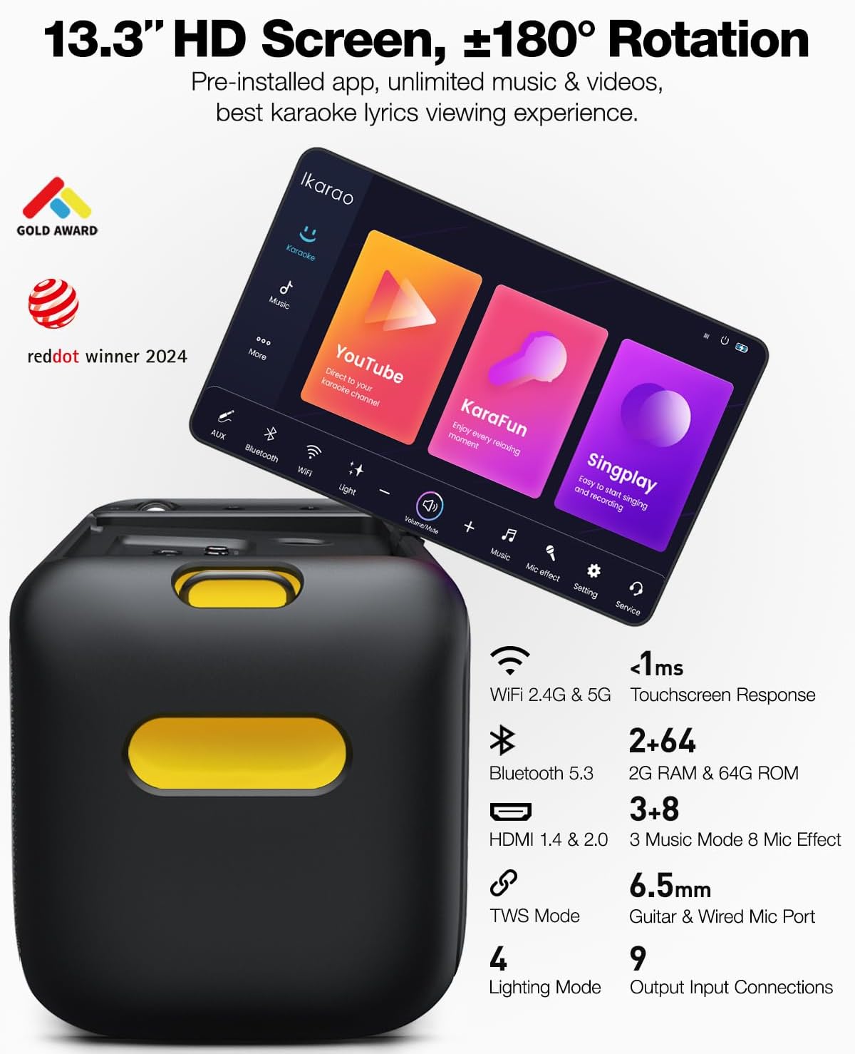 Ikarao Karaoke Machine for Adults, with Lyrics Display Built-in 13.3" Screen, Truly All in One