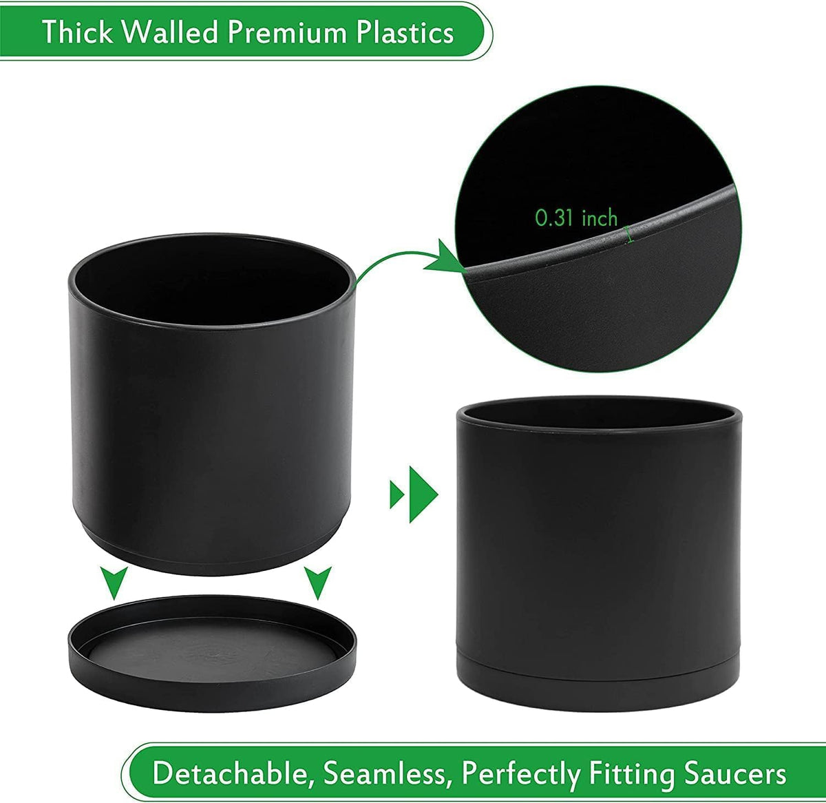 D'vine Dev 2 Pack 10 Inch Modern Plastic Plant Pots, Cylindrical Garden Planters for Plants with
