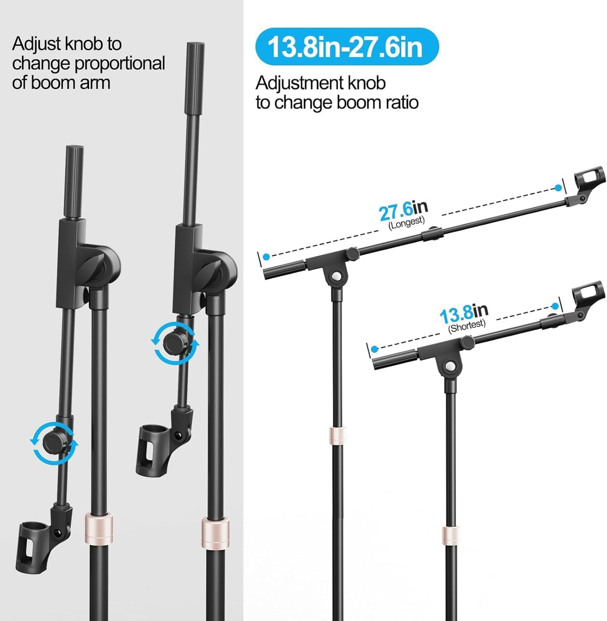 Mic Stand with Boom Arm, Heavy Duty Tripod Microphone Stand Floor Holder Height Adjustable with