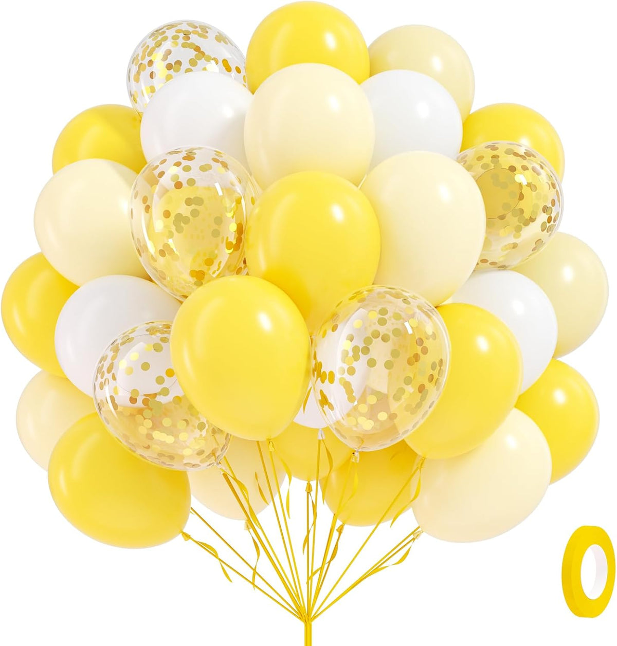60pcs Yellow and White Balloons 12inch with Pastel Yellow White Gold Confetti Balloons for Bee
