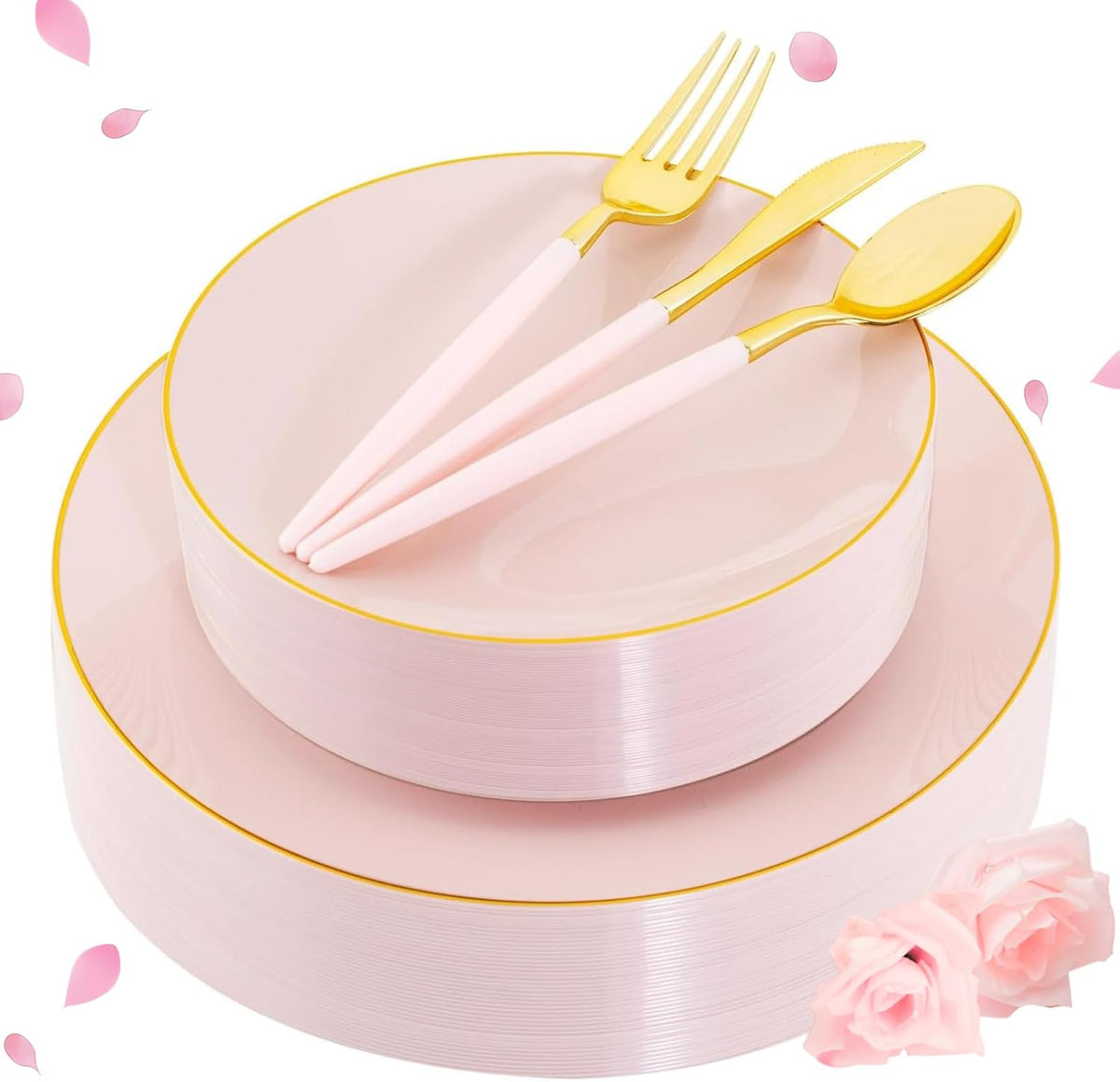 Liacere 150PCS Plastic Plates-Gold Plastic Silverware with Pink Handle - Pink Disposable Plates