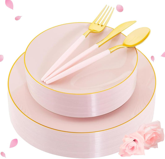 Liacere 150PCS Plastic Plates-Gold Plastic Silverware with Pink Handle - Pink Disposable Plates
