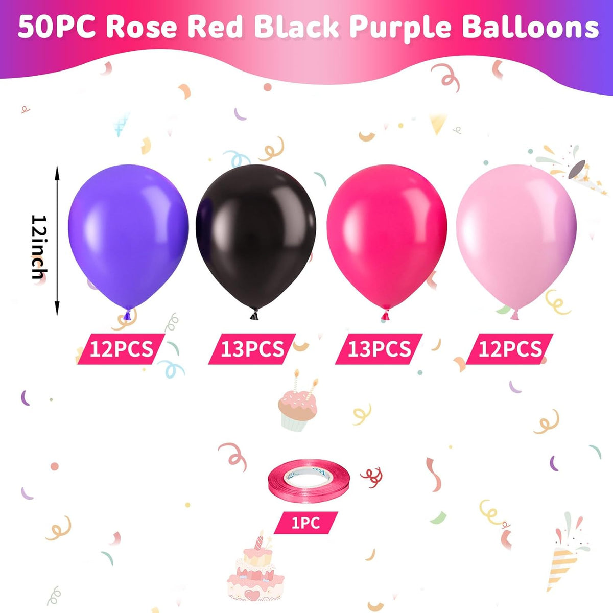 Pink Purple Black Balloons, Hot Pink and Purple Balloons, Matte Hot Pink Purple Black Macaron Pink