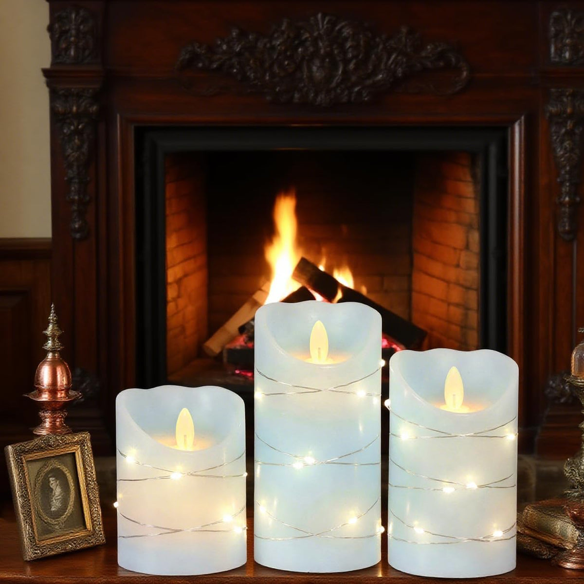 Silverstro Nautical Flameless Candles with String Lights Flickering Blue Battery Operated Candles