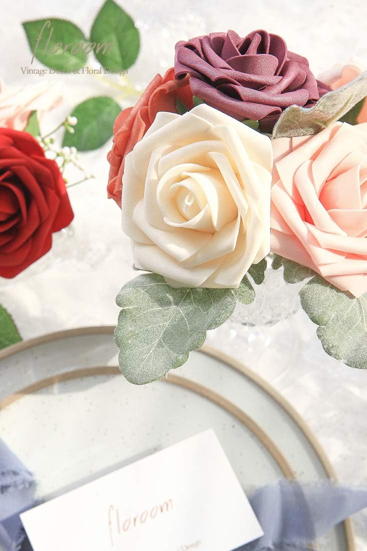 Floroom Artificial Flowers 50pcs Real Looking Champagne Foam Fake Roses with Stems for DIY Wedding