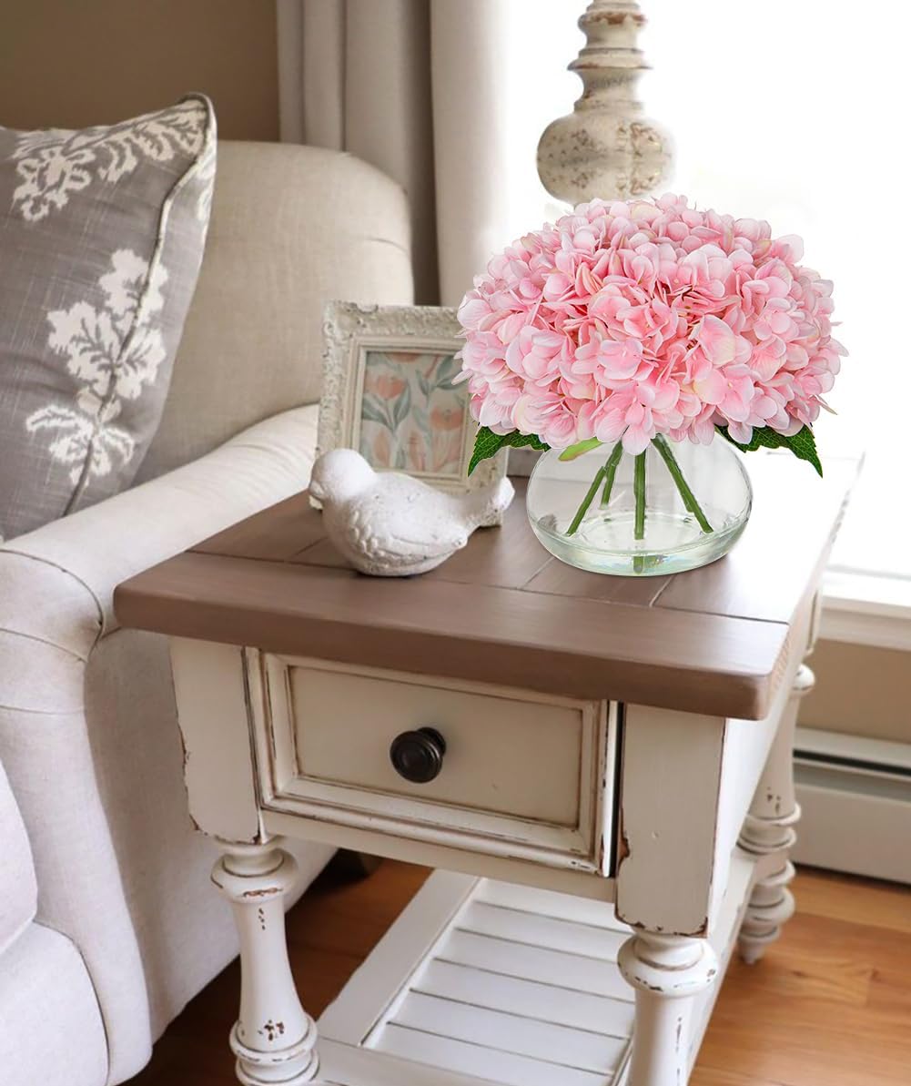 Hollyone Hydrangea Artificial Flowers with Glass Vase Pink Silk Faux Flowers Arrangements with