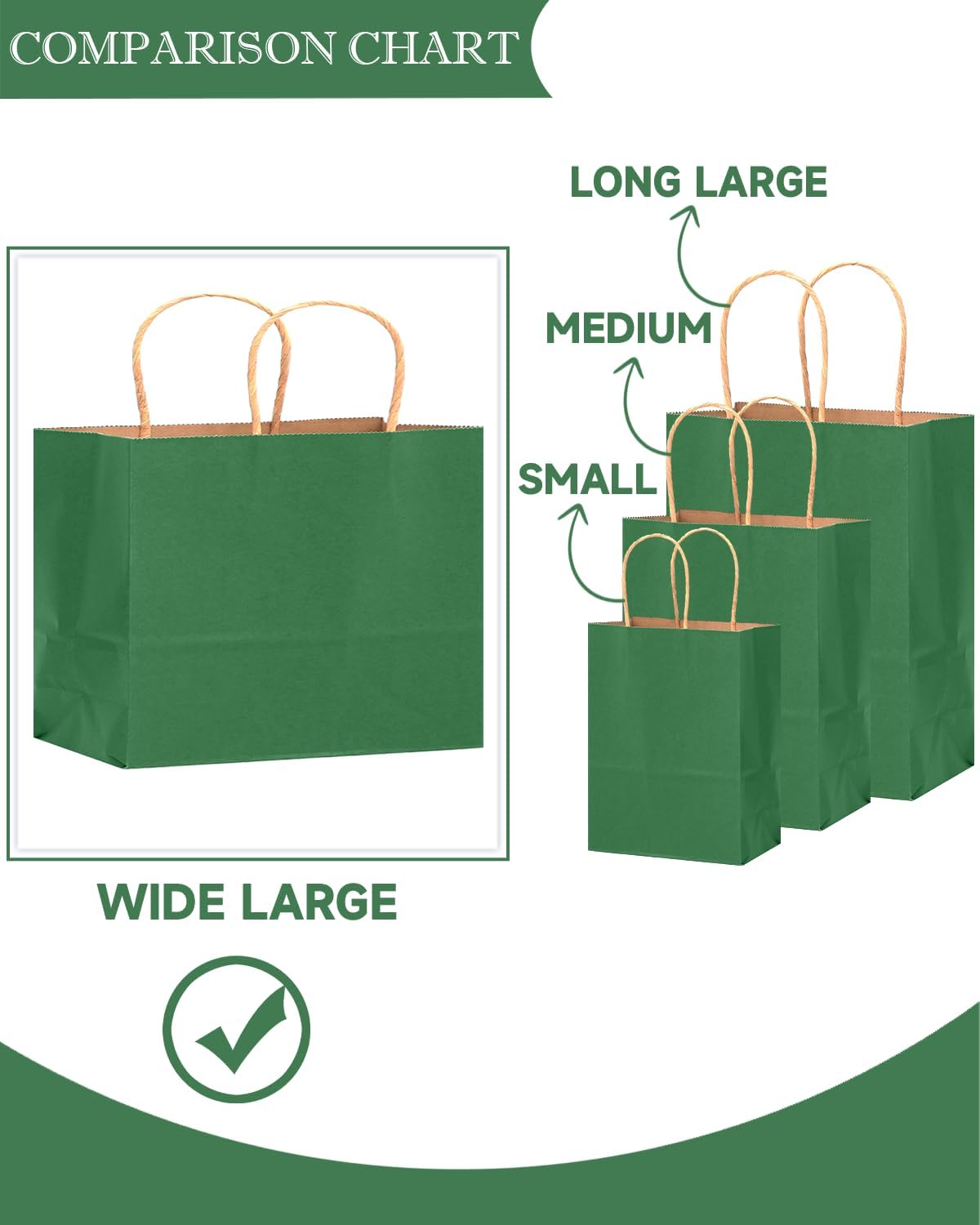 qiqee 100PCS Large Gift Bag with Handles Bulk 13"x4.5"x10" Gift Bags Kraft Deep Green Multiple Uses
