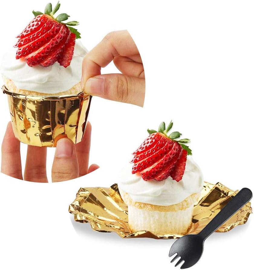 Gold Cupcake Liners with Lids 100Pack,Free-Air 3.5Oz Mini Muffin Liners Cupcake Wrappers,Foil