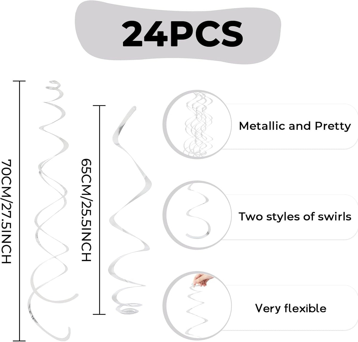 24 PCS Silver Foil Hanging Swirl, Sparkle Ceiling Hanging Decorations, Plastic Streamer Party