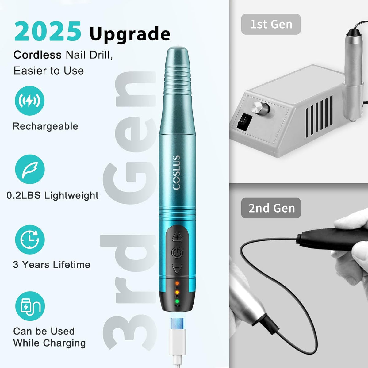 COSLUS Cordless Nail Drill Electric File: Professional for Acrylic Gel Dip Powder Nails Portable
