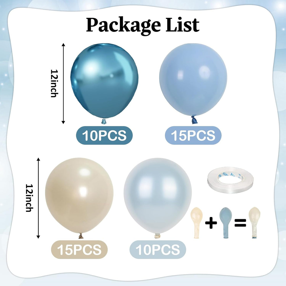 Dusty Blue and White Balloons, Double Stuffed Pearl Light Baby Metallic Chrome Slate Blue Pearl