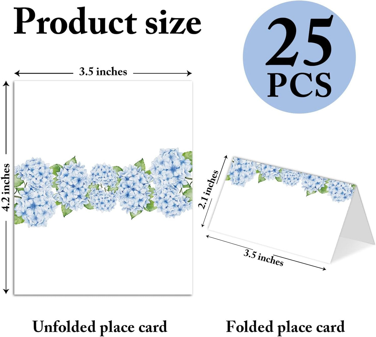 25 Pack Blue Floral Place Cards, Editable Name Cards for Table Setting, Tent Cards Food Label for