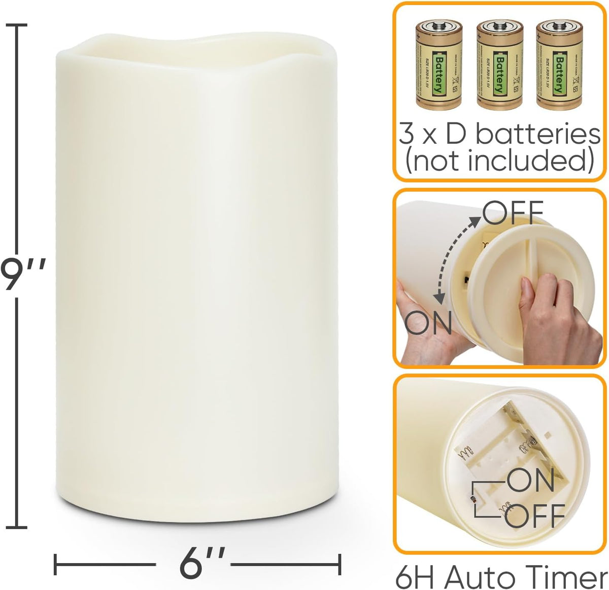 Homemory 6" x 9" Extra Large Outdoor Waterproof Candle with Auto 6-Hour Timer, No Remote, Ivory