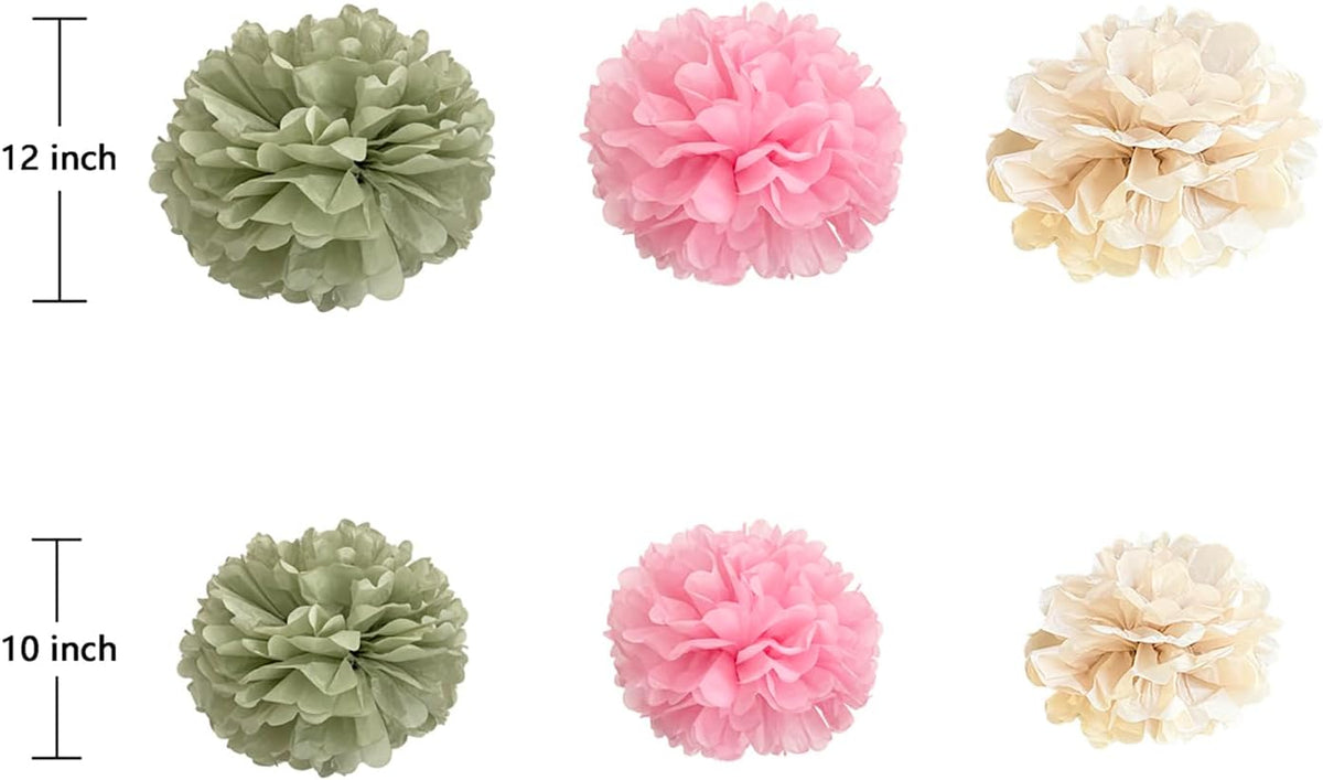 ZOOYOO Sage Green Tissue Paper Pom Poms Decorations, 12 PCS Pink Green Birthday Baby Shower Decor