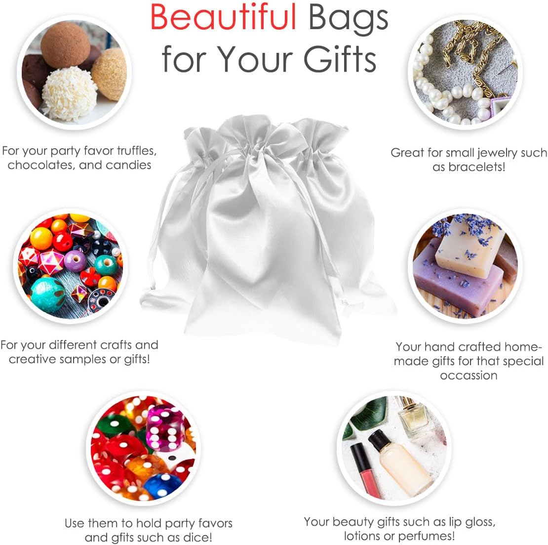 3" x 4" White Satin Gift Bags, Jewelry Bags, Wedding Favor Silky Drawstring Baby Shower Christmas