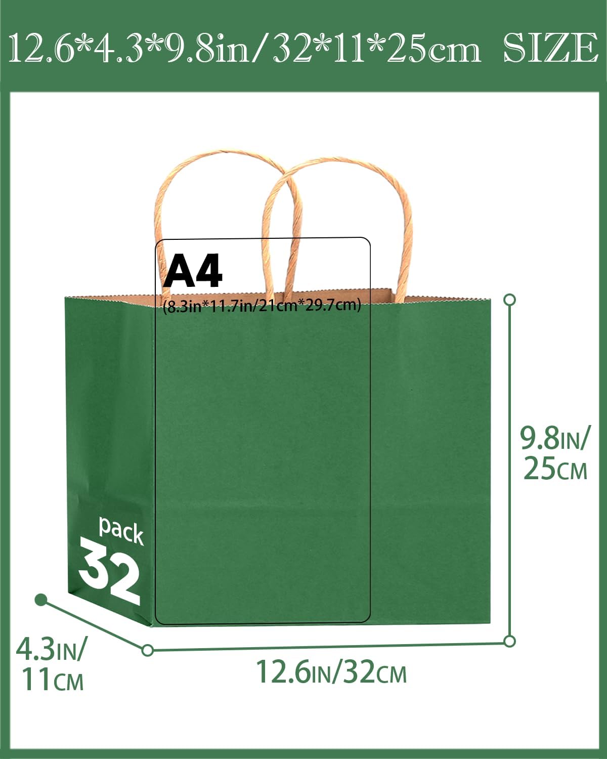 qiqee 100PCS Large Gift Bag with Handles Bulk 13"x4.5"x10" Gift Bags Kraft Deep Green Multiple Uses