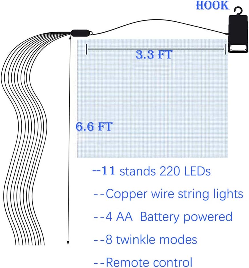 220 LED Firefly Bunch Lights Battery Operated, 8 Flashing Modes Waterproof Copper Wire Waterfall