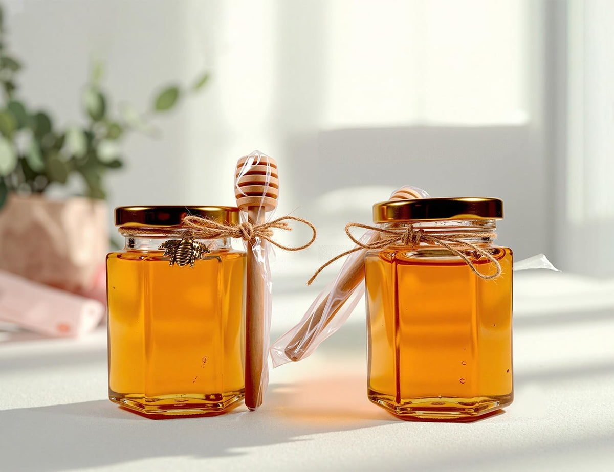 Adabocute 4oz Hexagonal Honey Jars - Glass Honey Jars with Gold Lids, Wooden Dippers, Bee Charms