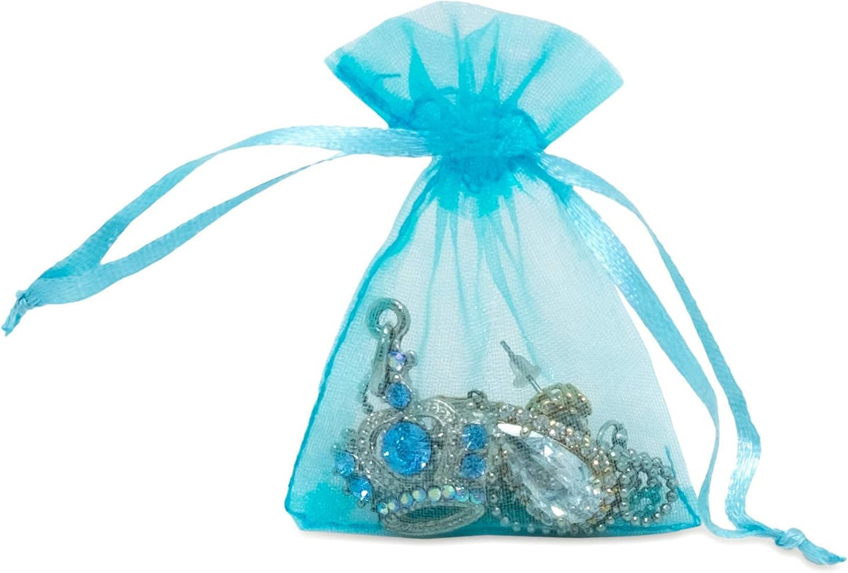 TheDisplayGuys 48-Pack 2" x 2-3/4" Turquoise Blue Sheer Organza Gift Bags with Drawstring, Jewelry