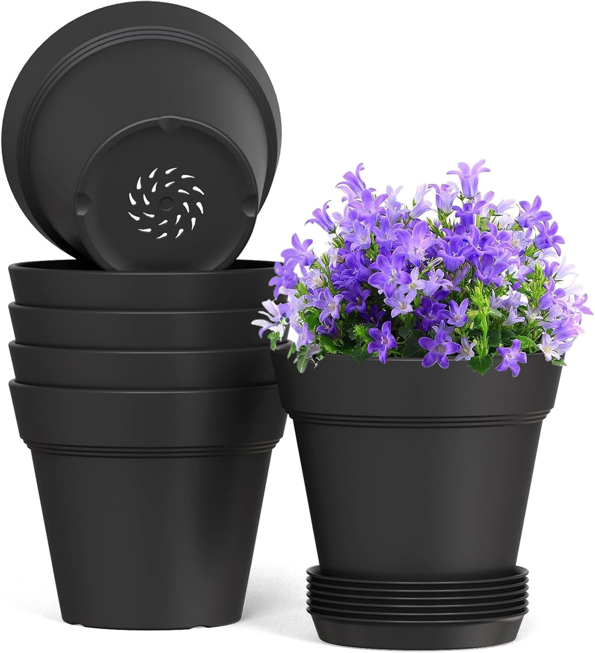 5 Inch Plastic Plant Pots with Drainage Holes and Trays – 6 Pack Small Nursery Pots for Indoor &