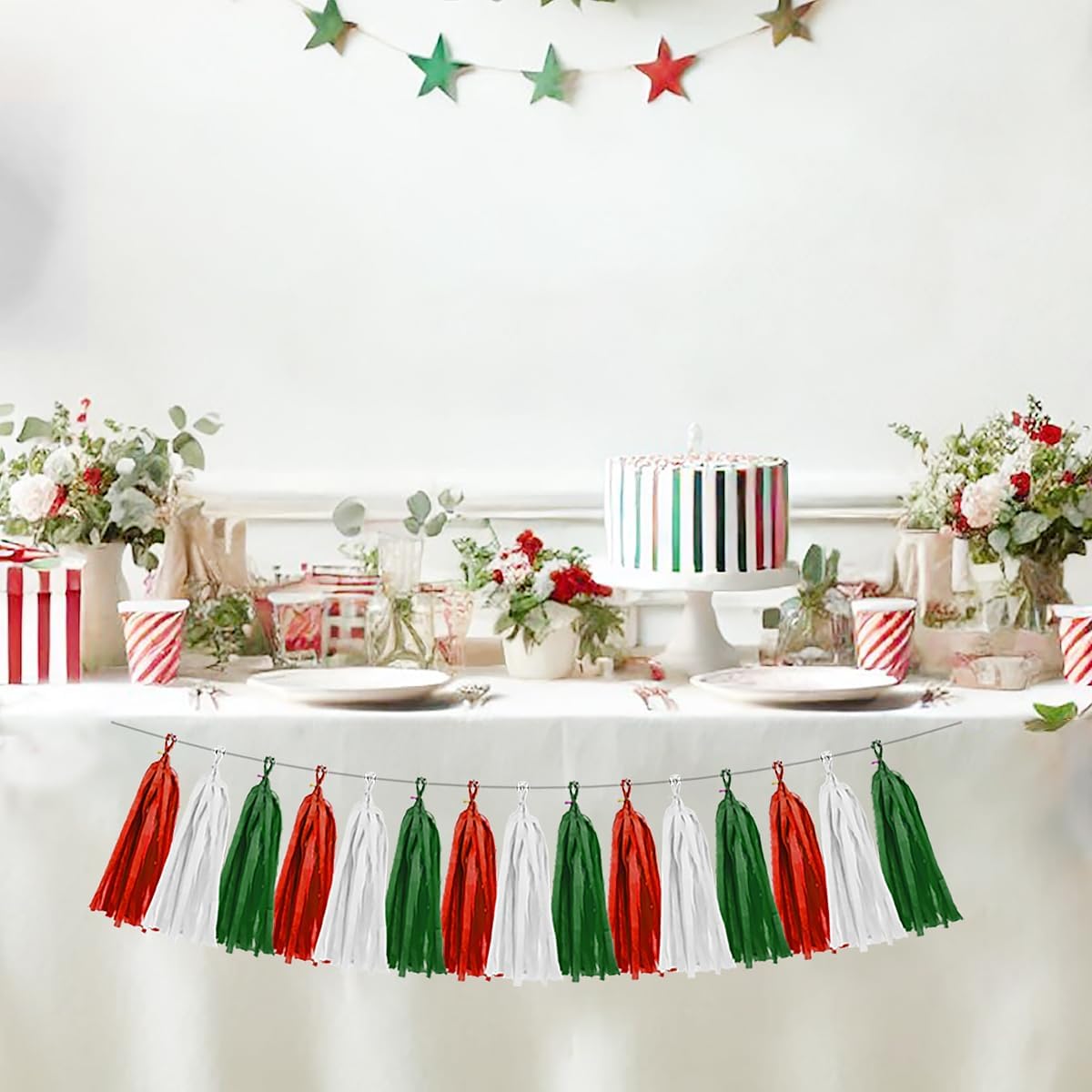 Red White Green Christmas Decorations - 15pcs Tissue Paper Tassel Garland Birthday Christmas Party