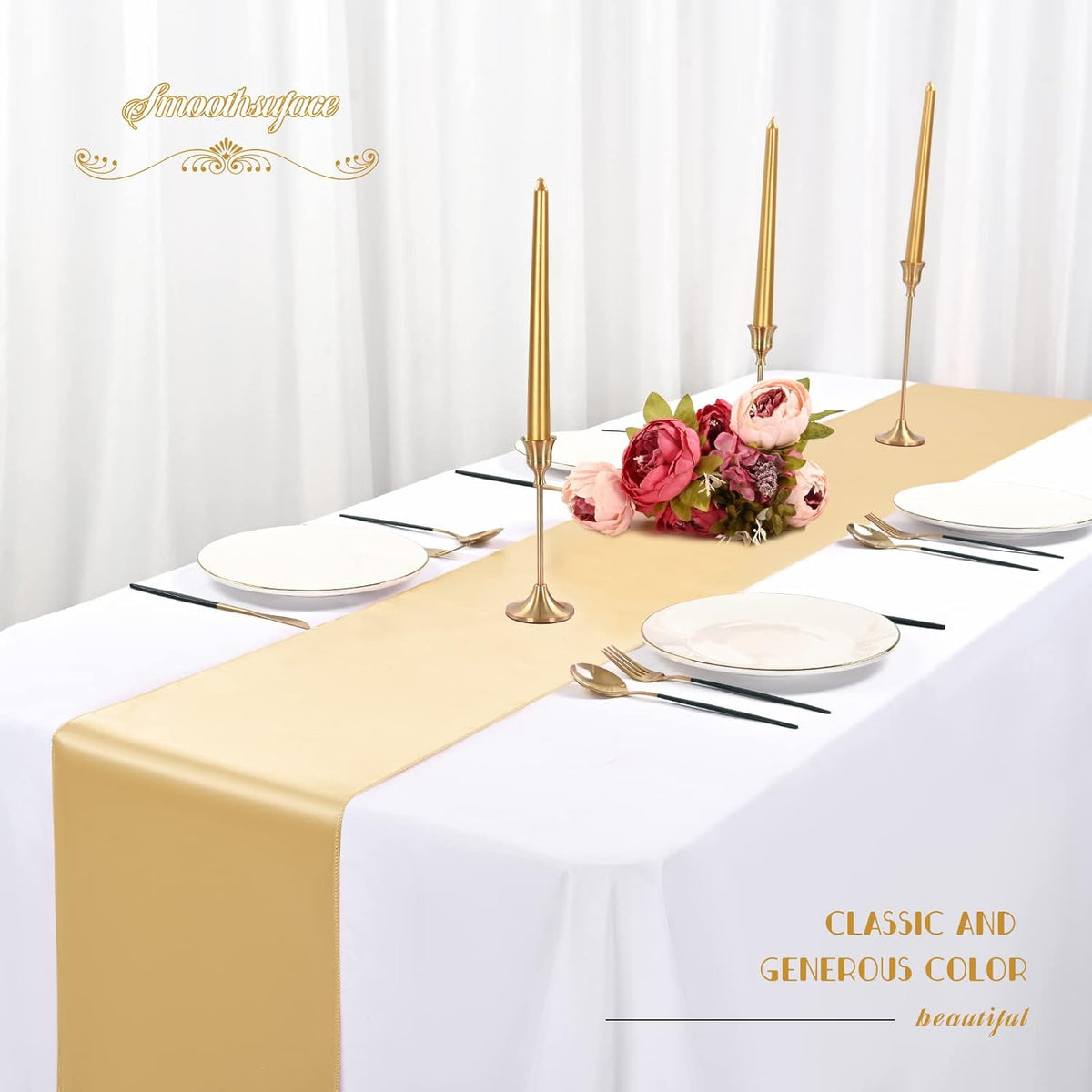 12 Pack Champagne Gold Satin Table Runner,12 x 108 inch Long Premium Smooth Table Runner for