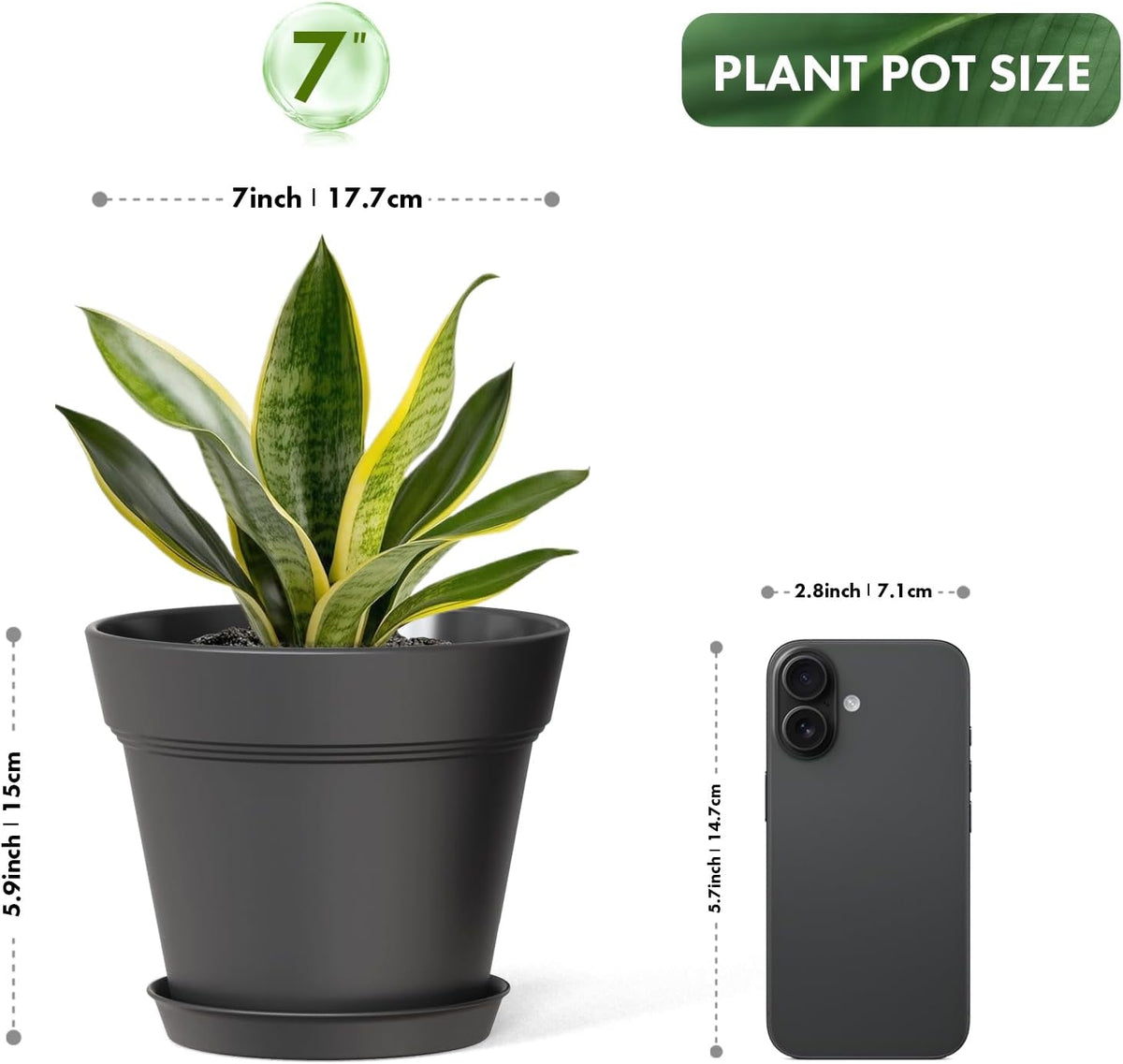 7 Inch Thick Plastic Plant Pots with Drainage Holes and Trays – 6 Pack Nursery Pots for Indoor &