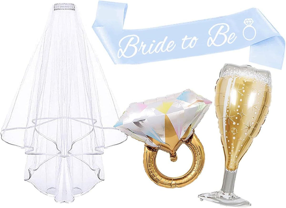 4PCS Bachelorette Blue Sash and Veil for Bride Party, Bride To Be Accessories for Bridal Shower