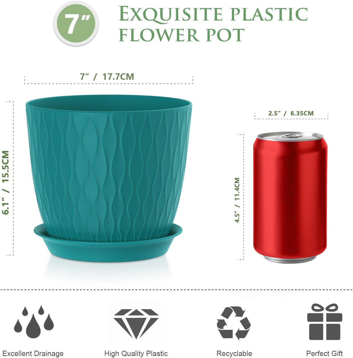7 inch Flower Pots, 5 Pack Plant Pots with Drainage Holes and Saucers for Indoor Plants, Plastic