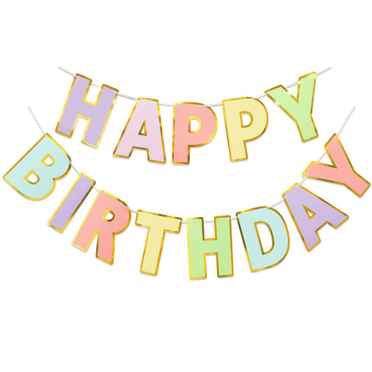 LITAUS Pre-Strung Happy Birthday Banner - Pastel Macaron Party Decorations