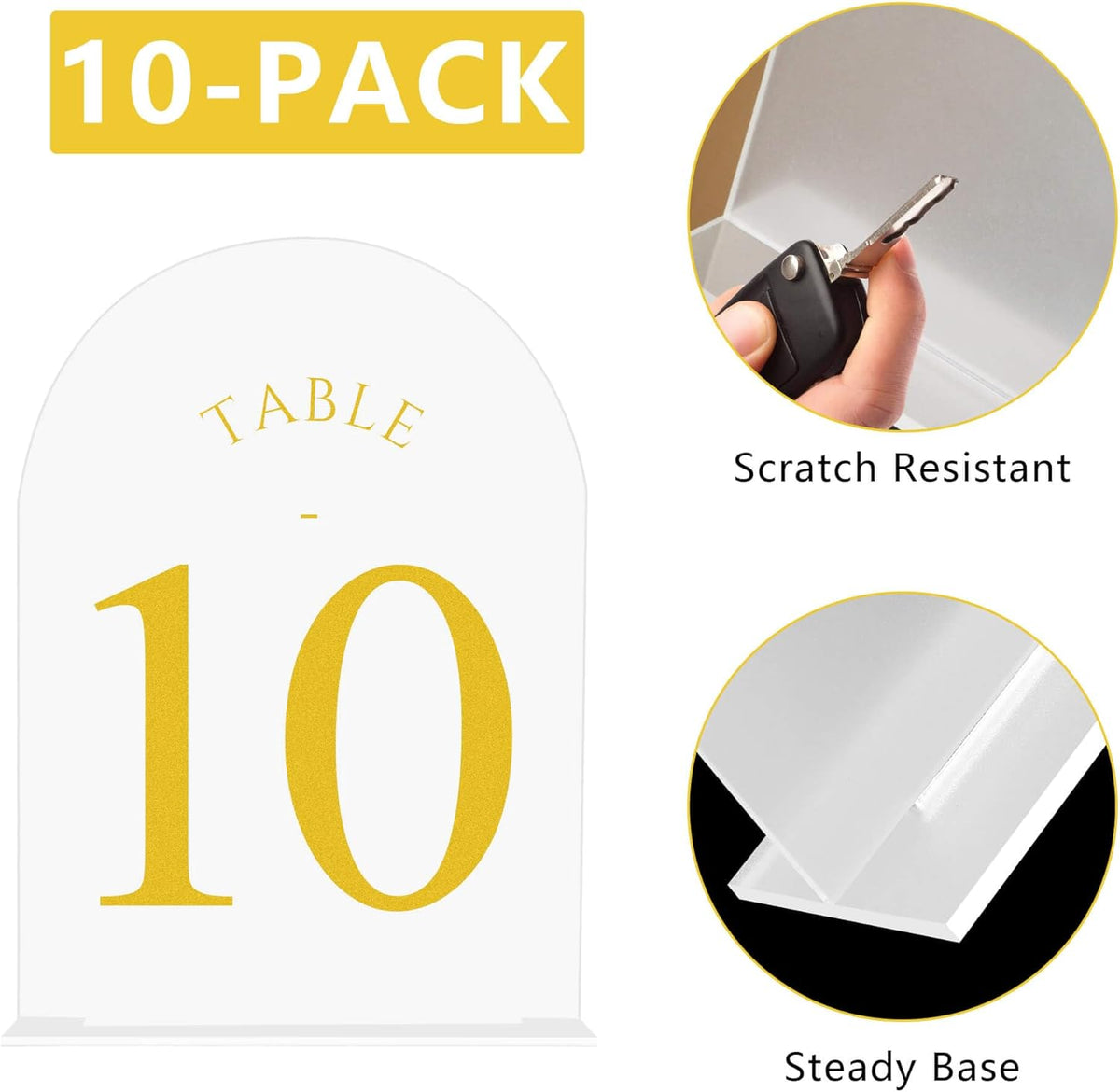JOYIT Frosted Arch Wedding Table Numbers 1-10 with Stands – 5" X 7" Acrylic Gold Table Number
