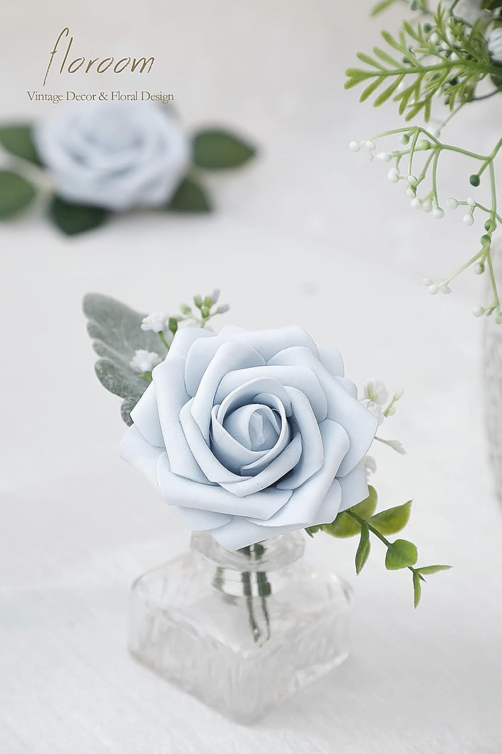 Floroom Artificial Flowers 25pcs Real Looking Powder Blue Foam Fake Roses with Stems for DIY